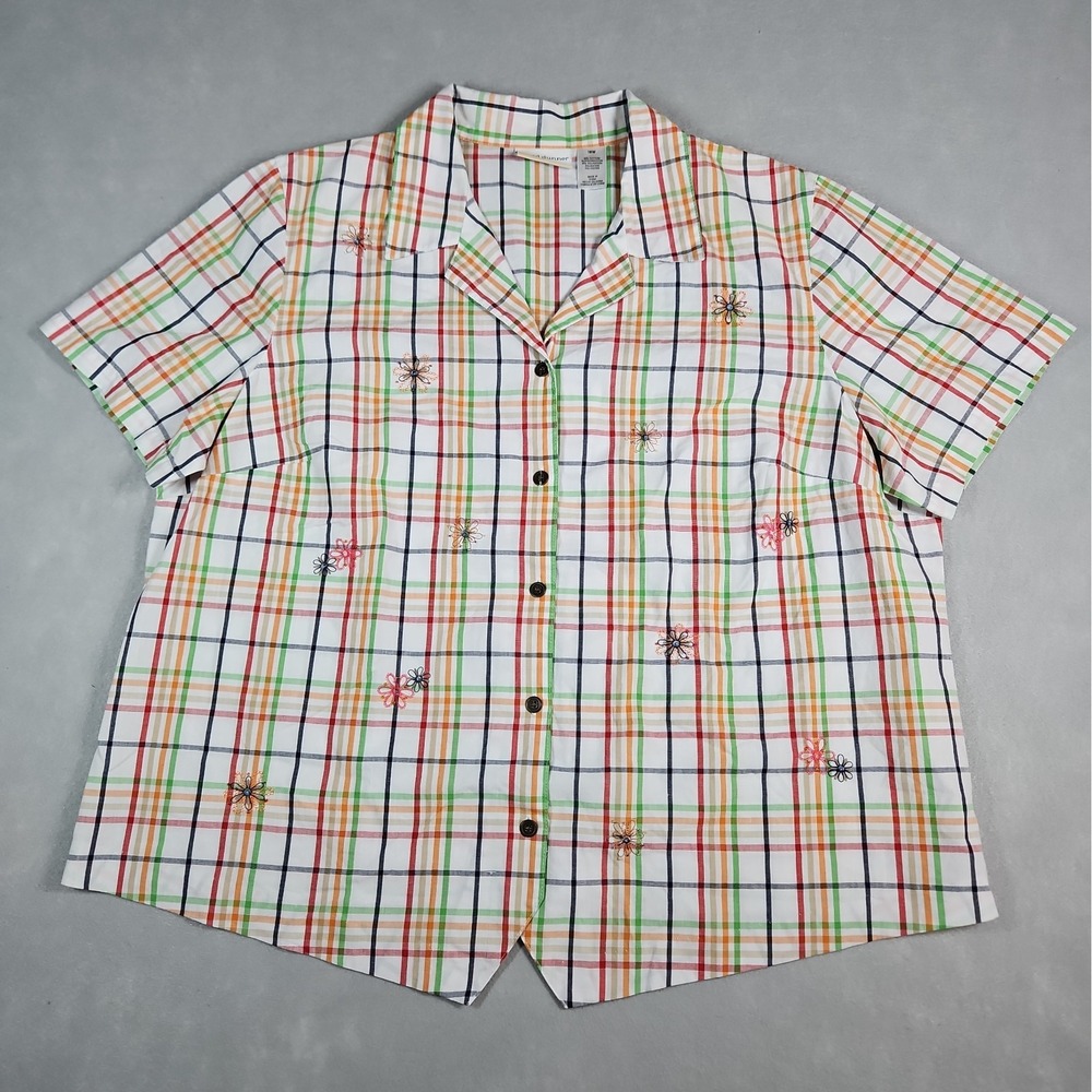 Alfred Dunner Womens White Multicolor Plaid Button Up Blouse Size 18W